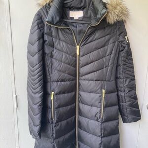Michael Kors Black mid length Puffer Coat with Faux Fur Trim pockets hood warm